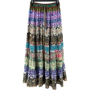 Vintage Saree Silk Patchwork Tiered Maxi Skirt Boho Tassel Drawstring Multicolor